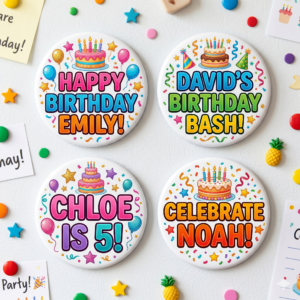Personalised badge and frdge magnets.